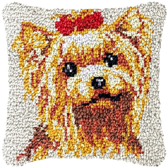 Yorkshire Terrier Latch Hook Kits Pillow Cover DIY Rug Making Crochet Hook Cushion Making Kits with Preprinted Pattern Canvas DIY Needlework Crochet Kits Sofa Decor 43x43cm