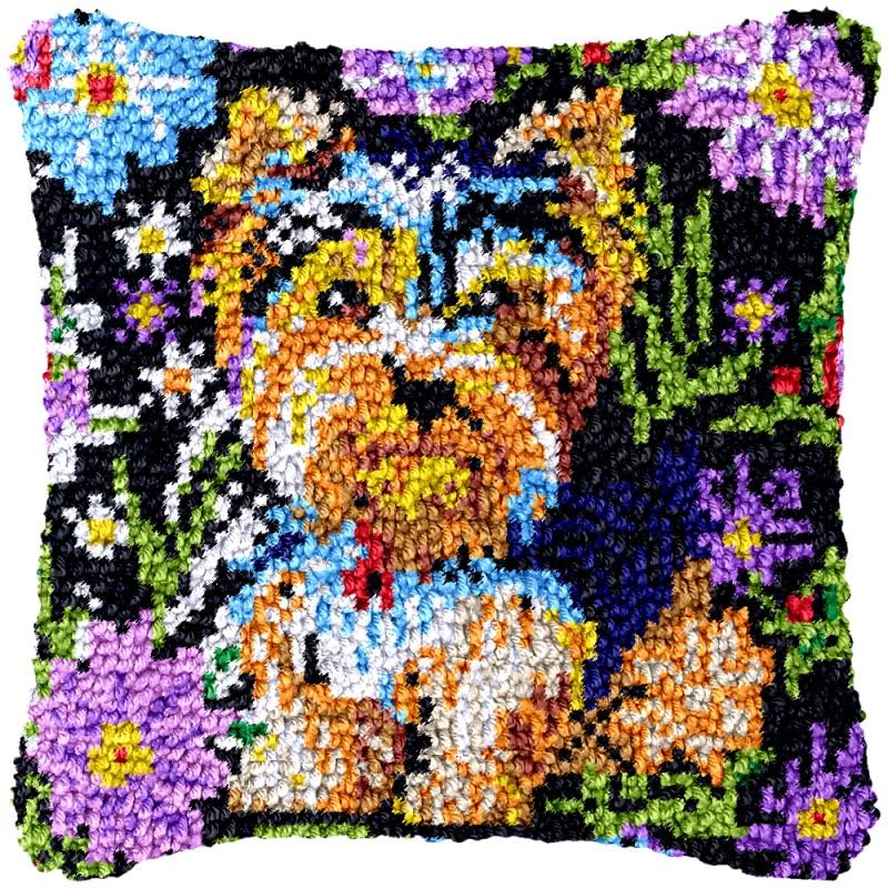 Yorkshire Terrier Latch Hook Pillow Cover Kits for DIY Handmade Throw Pillow Cross Stitch Latch Hook Pillowcase Rug Kits with Preprinted Color Pattern Canvas Crochet Yarn Kits 17''X 17''(ys187)