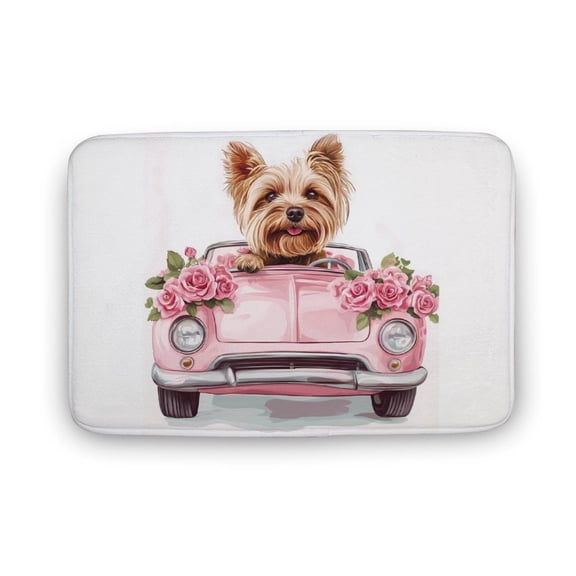 Yorkshire Terrier in Pink Car And Rose Welcome Door Mat for Home Entrance Outdoors Mats Entry Rugs Non Slip Coral Velvet Inside Floor Mats 15.7"x23.6"