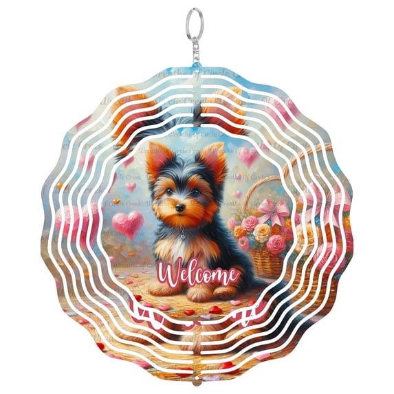 Yorkshire Terrier Puppy Welcome 3D Wind Spinner Hanging, UV Printed Tinplate, Yorkie Floral Decor, Cute Dog Gift, Round