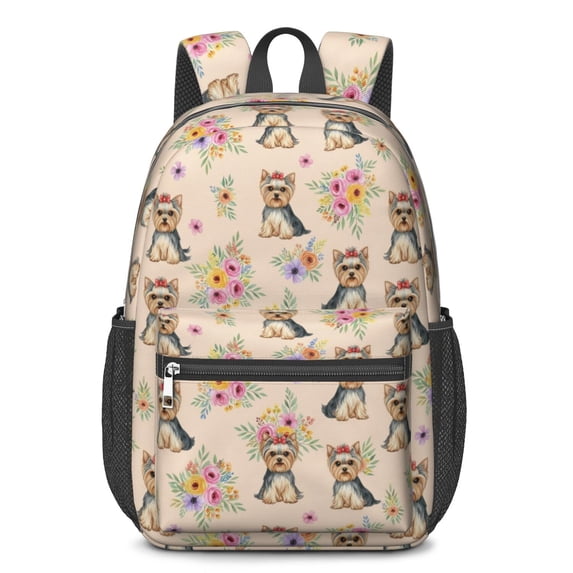 Yorkshire Terrier and Roses Cream Pattern 17" School Backpacks for Teens,Waterproof Oxford Fabric,S-Shape Padded Straps for School,Travel,Hiking,Camping