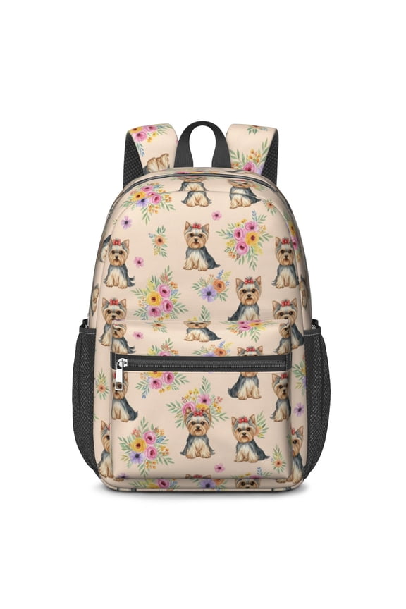Yorkshire Terrier and Roses Cream Pattern 17" School Backpacks for Teens,Waterproof Oxford Fabric,S-Shape Padded Straps for School,Travel,Hiking,Camping