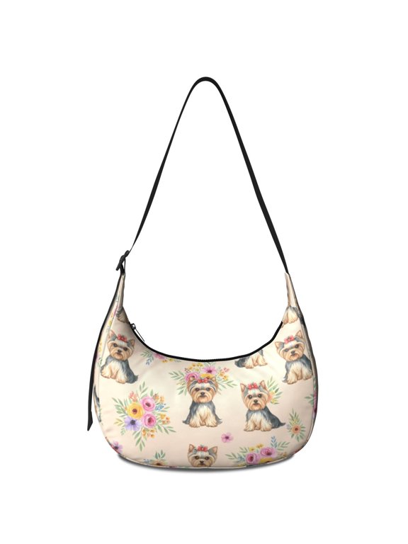 Yorkshire Terrier and Roses Cream Pattern Hobo Shoulder Bag, Shopping Crescent Purse with Adjustable Strap, Water Resistant Gift Ideas for Women Girls