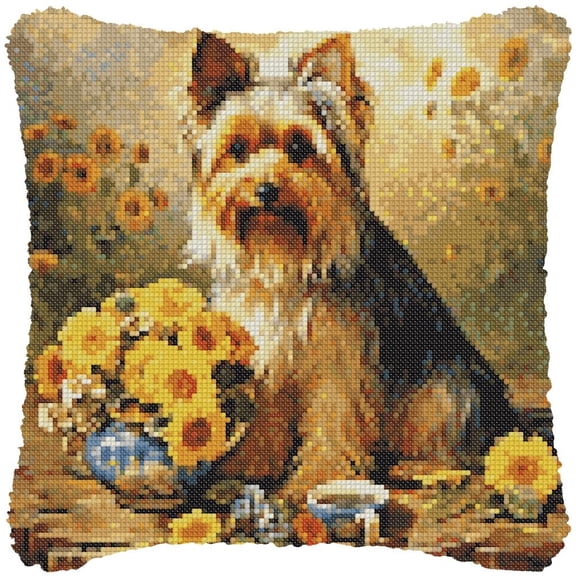 Yorkshire Terrier & Sunflowers Cross-Stitch Pillow DIY Kit Fully Openable Zipper Design Pillowcase 11CT Counted Needlepoint Handmade Cushion Pre-Printed Pattern Eco-friendly Cotton and Linen 45x45cm