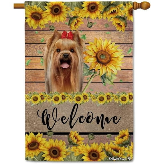 Yorkshire Terrier Yorkie Sunflower House Flag Dog Welcome Spring Summer Wooden Print Flag Banner Outside Yard Decor 28X40 Inch Double Side Style 3