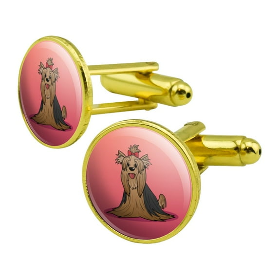 Yorkshire Terrier Yorkie with Bow Round Cufflink Set Gold Color