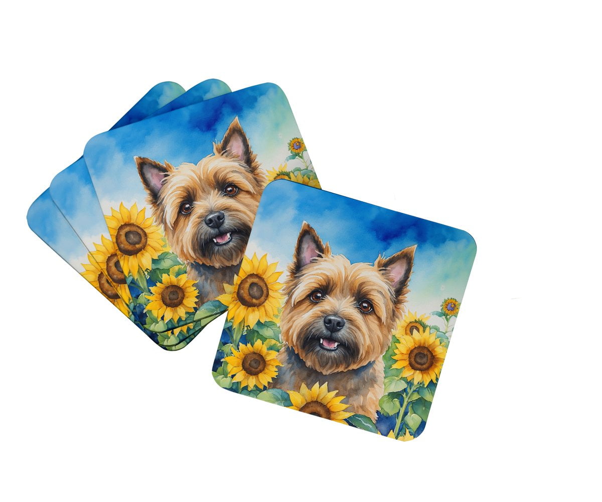 Cairn Terrier in Sunflowers Foam Coasters 3.5 in x 3.5 in