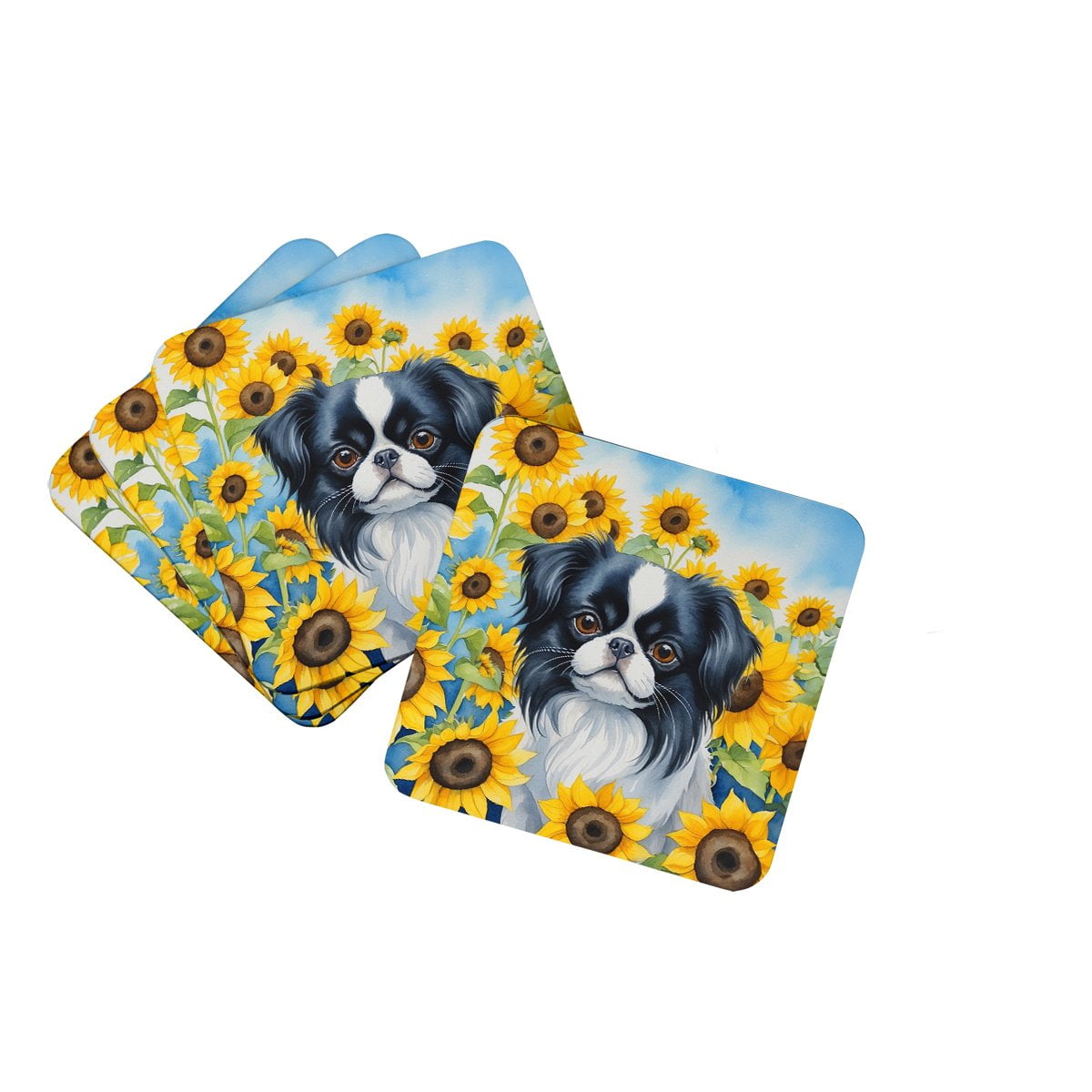 Japanese Chin in Sunflowers Foam Coasters 3.5 in x 3.5 in