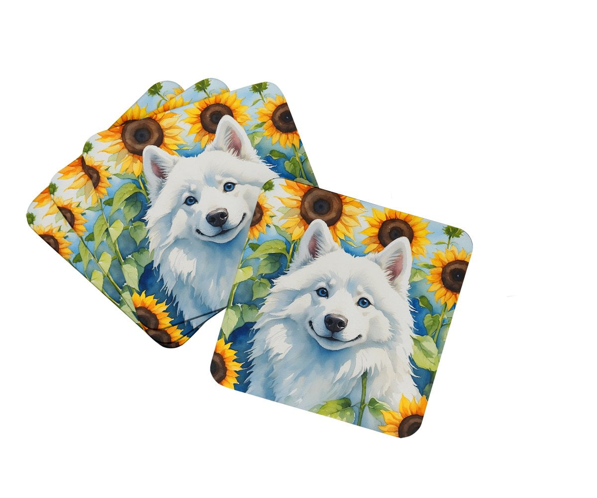 American Eskimo in Sunflowers Foam Coasters 3.5 in x 3.5 in