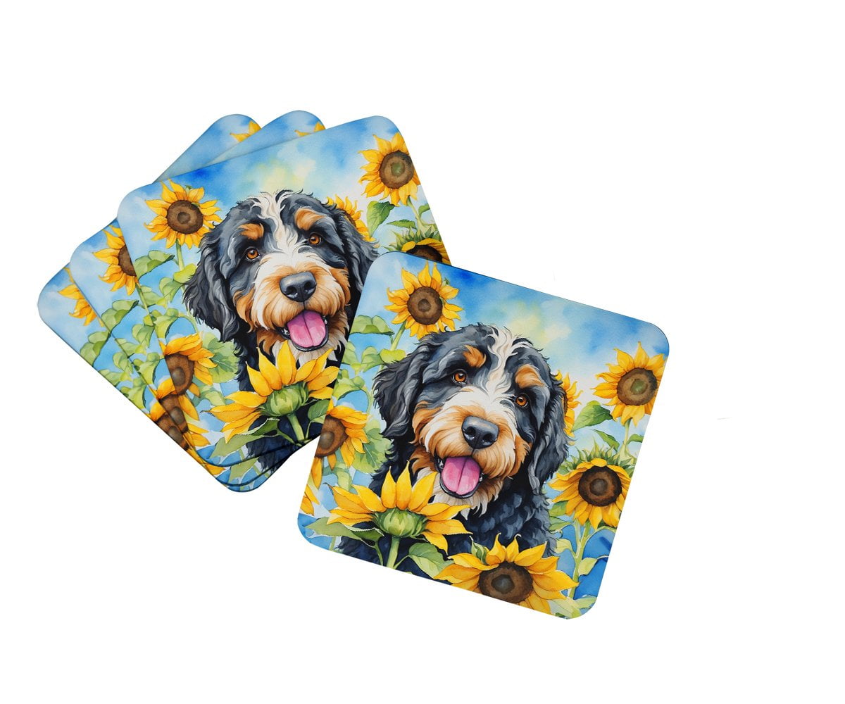 Bernedoodle in Sunflowers Foam Coasters 3.5 in x 3.5 in