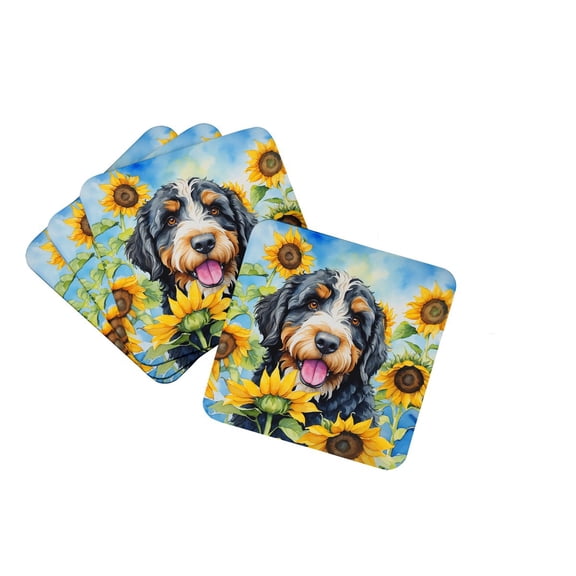 Bernedoodle in Sunflowers Foam Coasters 3.5 in x 3.5 in