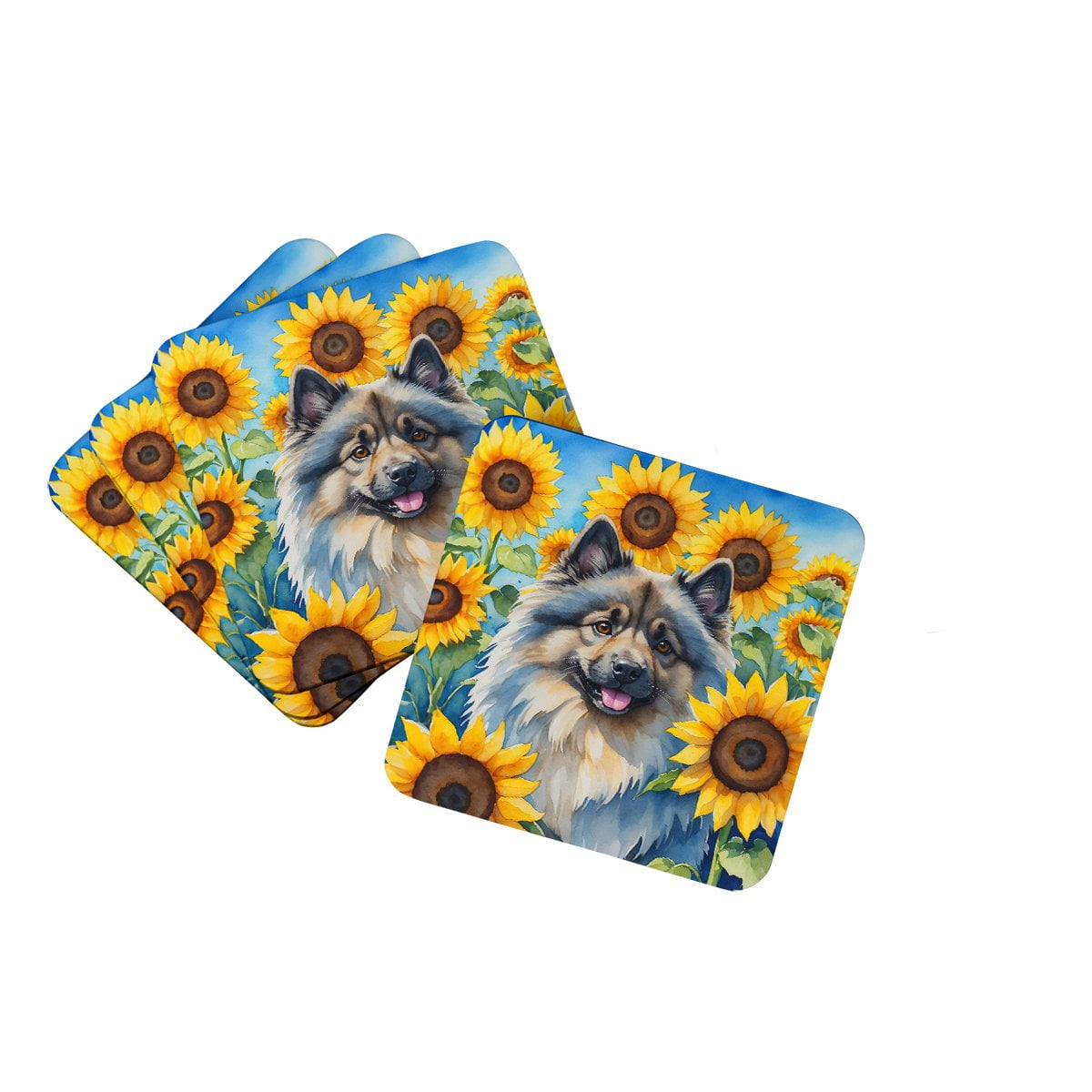 Keeshond in Sunflowers Foam Coasters 3.5 in x 3.5 in