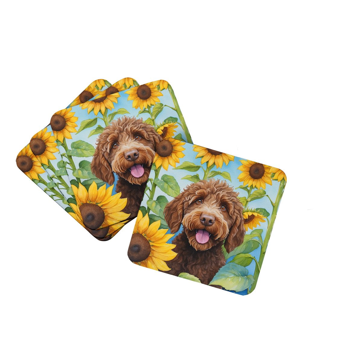 Labradoodle in Sunflowers Foam Coasters 3.5 in x 3.5 in