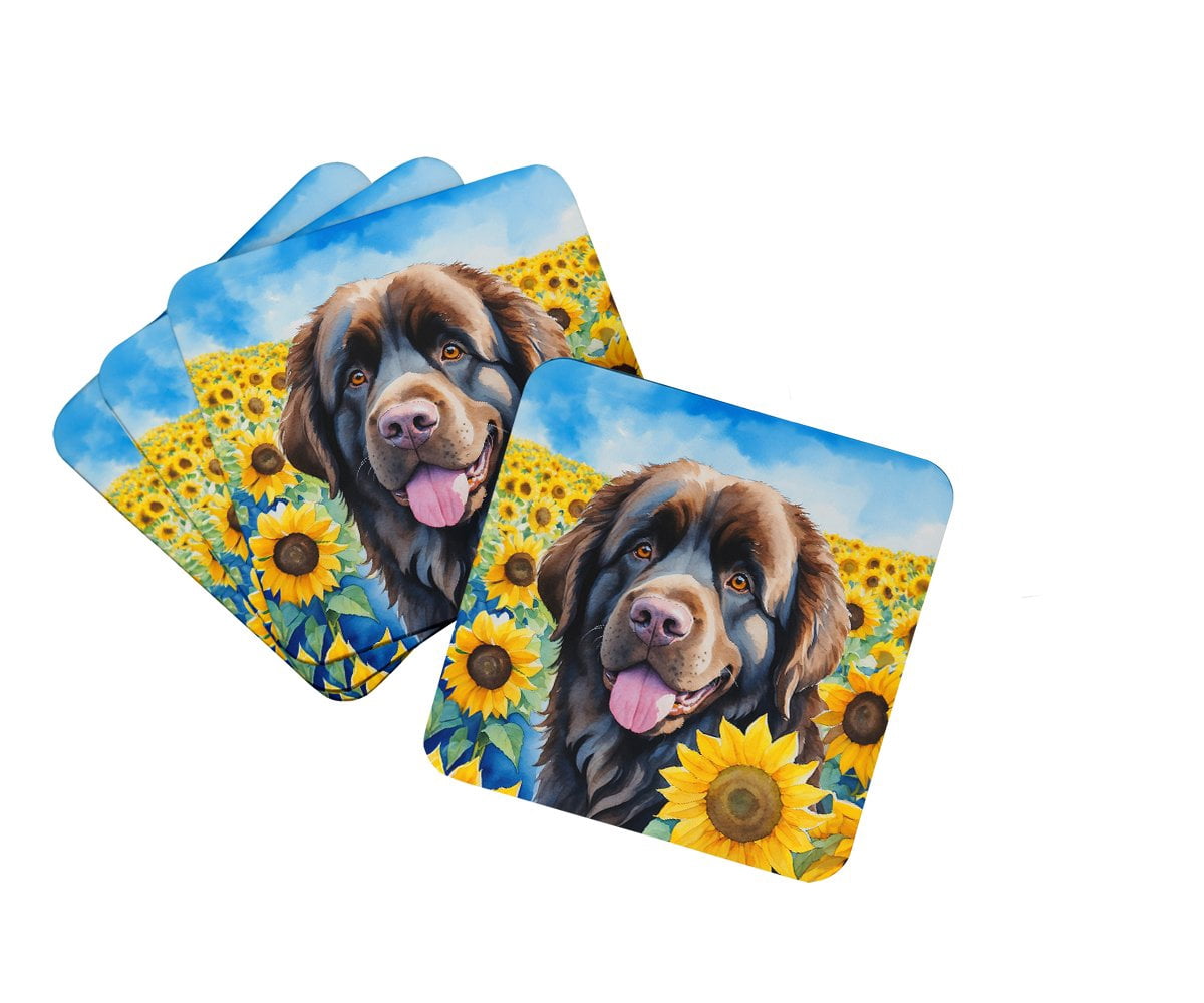 Newfoundland in Sunflowers Foam Coasters 3.5 in x 3.5 in