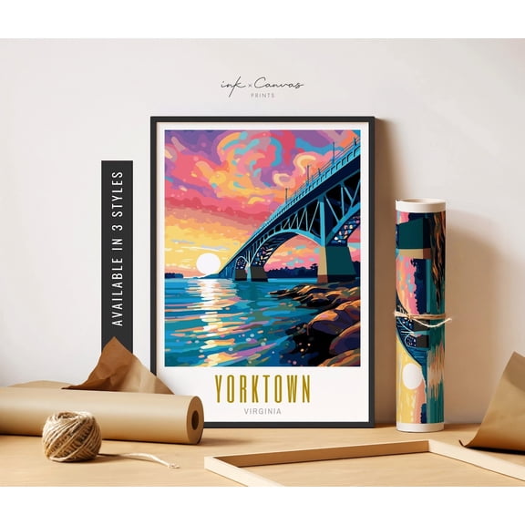 Yorktown Va Art Poster Retro Travel Poster Yorktown Virginia Poster Coleman Memorial Bridge Art Yorktown Poster Travel Art Home Decor, 12x18 UNFRAMED