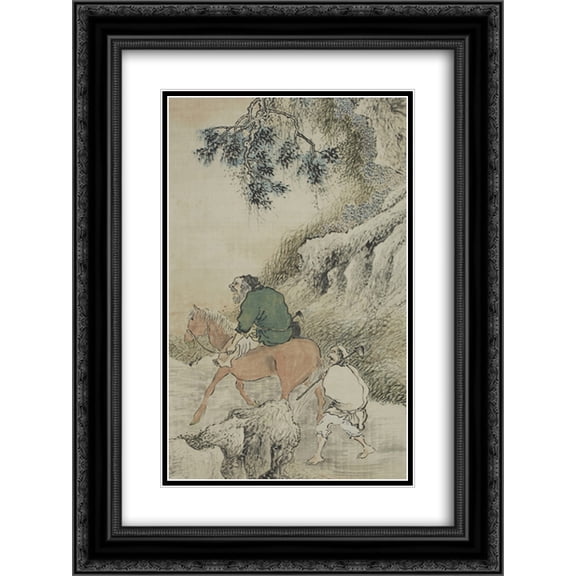 Yosa Buson 2x Matted 18x24 Black Ornate Framed Art Print 'Herb Gatherers in the Mountains (detail)'
