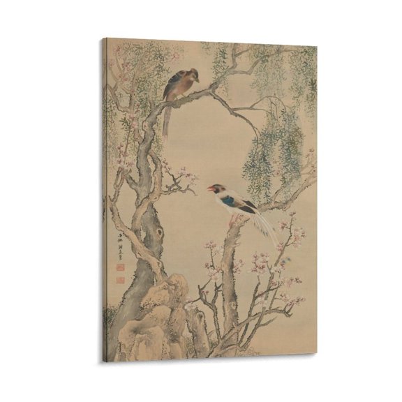 By Yosa Buson Birds Perched on Willow And Peach Blossom Branches Yosa Buson Painting Poster Artworks Canvas Poster Room Aesthetic Wall Art Prints Home Modern Decor Gifts 08x12inch(20x30cm)