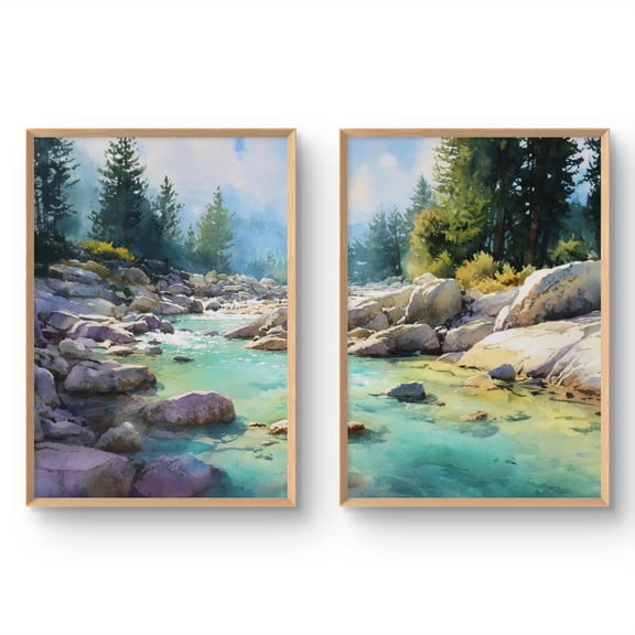 Yosemite Art Prints Turquoise Mountain River Landscape, Rustic Cabin Decor, Set 2, Poster Only