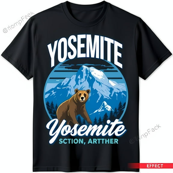 Yosemite Bear Graphic Black T-Shirt with Mountain Design & Cursive Text