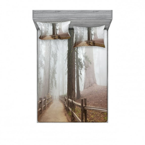 Yosemite Bedding Set with Sheet & Covers, Evergreen Forest and Walkway in Sequoia National Park Foggy Morning Nature Art, Printed Bedroom Decor 2 Shams, 4 Sizes, Grey Brown, by Ambesonne