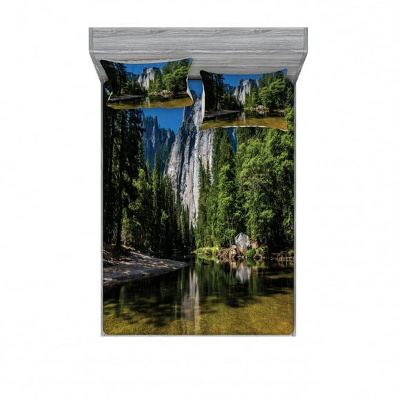 Yosemite Bedding Set with Sheet & Covers, Large Granite Cliff Surrounded by Trees River Under Clear Sky Wild Beauty Scenery, Printed Bedroom Decor 2 Shams, 4 Sizes, Green Blue, by Ambesonne