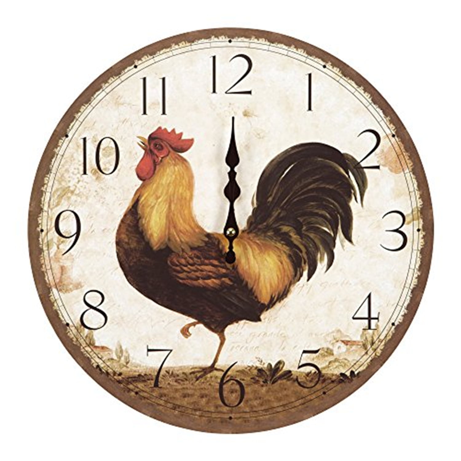 Circular Beige and Brown MDF Wall Clock with Rooster Print