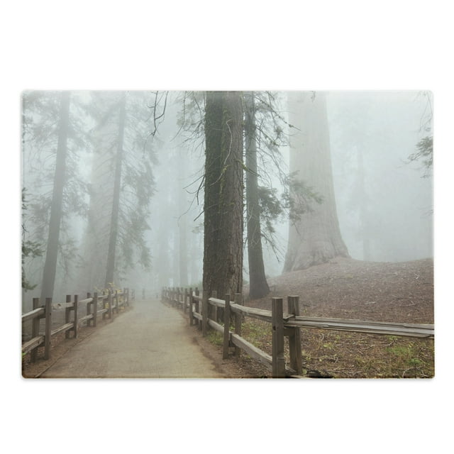 Yosemite Cutting Board, Evergreen Forest and Walkway in Sequoia National Park Foggy Morning Nature Art, Decorative Tempered Glass Cutting and Serving Board, Large Size, Grey Brown, by Ambesonne