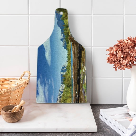 Yosemite Cutting Board, Yosemite Merced River El Capitan Half Dome in California National Park Waterscape, Tempered Glass Cutting and Serving Board, Wine Bottle Shape, Green Blue, by Ambesonne