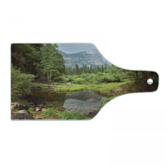 Yosemite Cutting Board, Small Spring Forest Distant Mountain Picture of Yosemite National Park Landscape Print, Tempered Glass Cutting and Serving Board, Wine Bottle Shape, Green, by Ambesonne