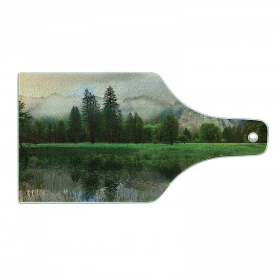 Yosemite Cutting Board, Sunset Panorama of Yosemite Rocks Trees Cloudy Sky Reflection Riverside, Decorative Tempered Glass Cutting and Serving Board, in 3 Sizes, by Ambesonne