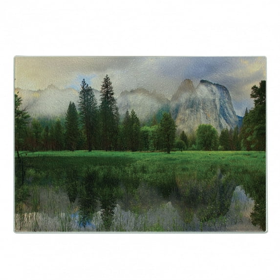 Yosemite Cutting Board, Sunset Panorama of Yosemite Rocks Trees Cloudy Sky Reflection Riverside, Decorative Tempered Glass Cutting and Serving Board, in 3 Sizes, by Ambesonne