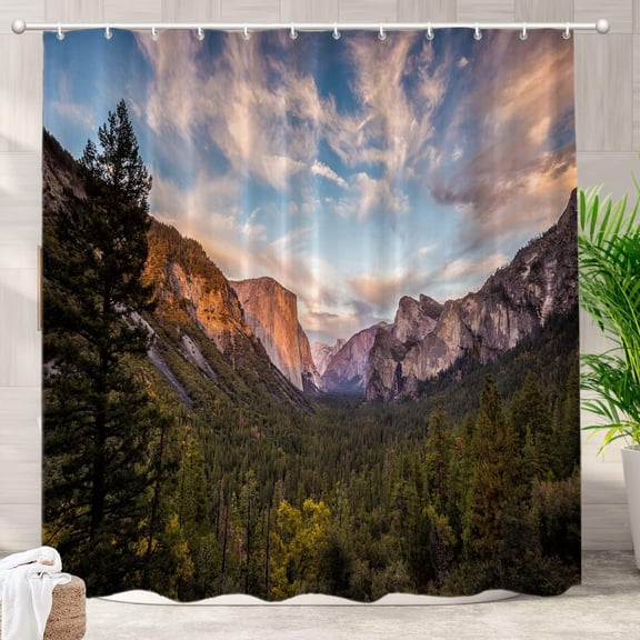 Yosemite Decorative Shower Curtain, Green Valley Mountain Landscape Blue Nature Beautiful Forest Cute Long Wide with Rust Proof Grommets for Bathroom Waterproof Washable