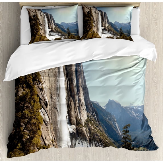 Yosemite Duvet Cover Set King Size, Yosemite Falls Mountain Sunshine Alpine Trees Dramatic Natural Wilderness Landscape, Decorative 3 Piece Bedding Set with 2 Pillow Shams, Green, by Ambesonne