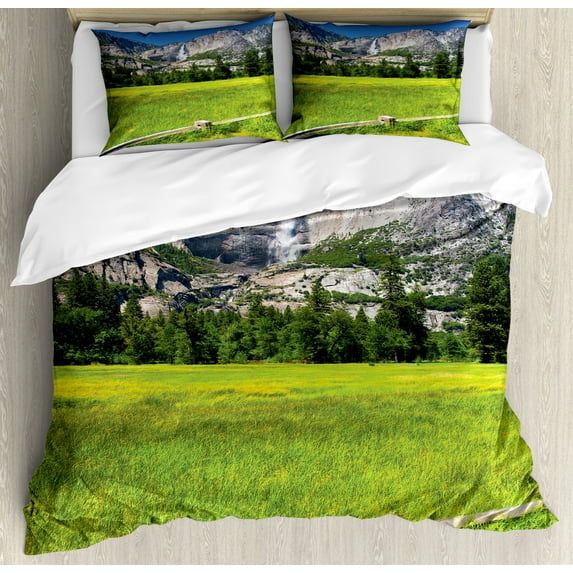 Yosemite Duvet Cover Set King Size, The Falls in Yosemite National Park California USA Countryside Landmark Picture, Decorative 3 Piece Bedding Set with 2 Pillow Shams, Green Blue, by Ambesonne