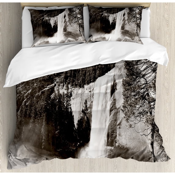 Yosemite Duvet Cover Set King Size, Waterfalls in Yosemite National Park in California Monochromic Old Picture Print, Decorative 3 Piece Bedding Set with 2 Pillow Shams, Black White, by Ambesonne