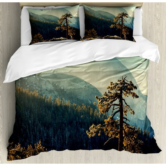 Yosemite Duvet Cover Set Queen Size, Yosemite National Park From the Top of Mountain Misty Morning Landscapes Photo, Decorative 3 Piece Bedding Set with 2 Pillow Shams, Teal Brown, by Ambesonne