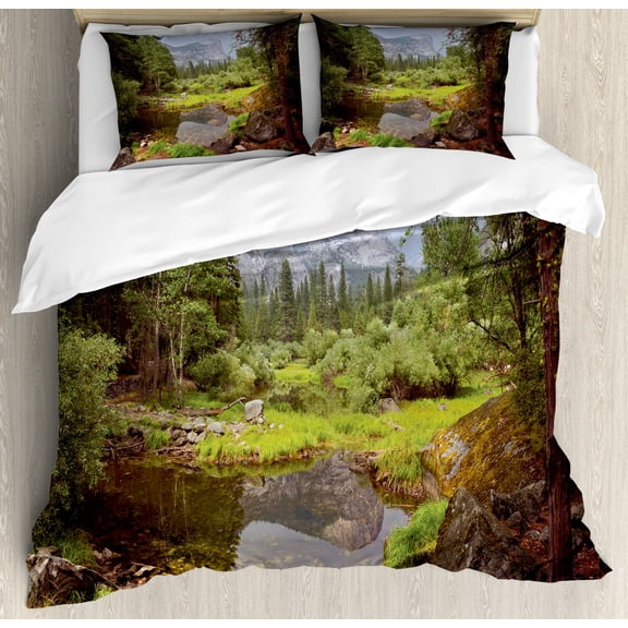 Yosemite Duvet Cover Set Queen Size, Small Spring Forest Distant Mountain Picture of Yosemite National Park Landscape Print, Decorative 3 Piece Bedding Set with 2 Pillow Shams, Green, by Ambesonne