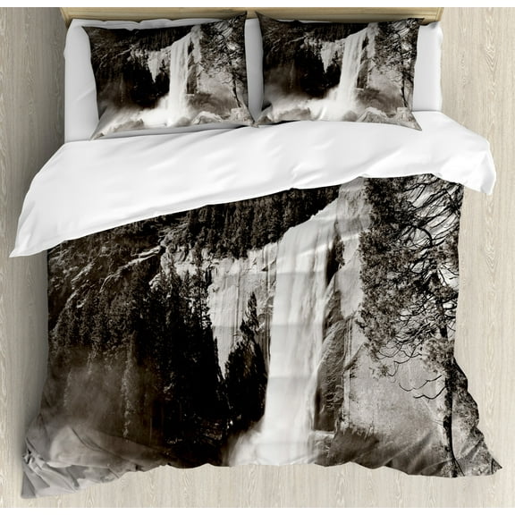 Yosemite Duvet Cover Set Queen Size, Waterfalls in Yosemite National Park in California Monochromic Old Picture Print, Decorative 3 Piece Bedding Set with 2 Pillow Shams, Black White, by Ambesonne