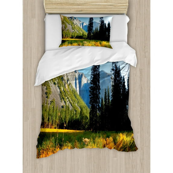 Yosemite Duvet Cover Set Twin Size, Bird's Flight Flies Over Mountains Yosemite National Park Early Fall Season, Decorative 2 Piece Bedding Set with 1 Pillow Sham, Orange Blue Green, by Ambesonne