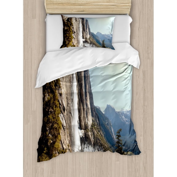 Yosemite Duvet Cover Set Twin Size, Yosemite Falls Mountain Sunshine Alpine Trees Dramatic Natural Wilderness Landscape, Decorative 2 Piece Bedding Set with 1 Pillow Sham, Green, by Ambesonne