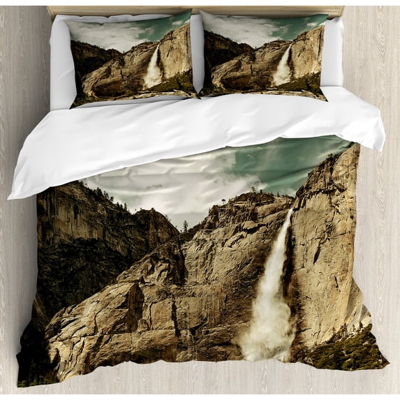 Yosemite Duvet Cover Set, Waterfalls in Yosemite National Park California Famous Travel Destination, Decorative 3 Piece Bedding Set with 2 Pillow Shams, King Size, Brown Reseda Green, by Ambesonne