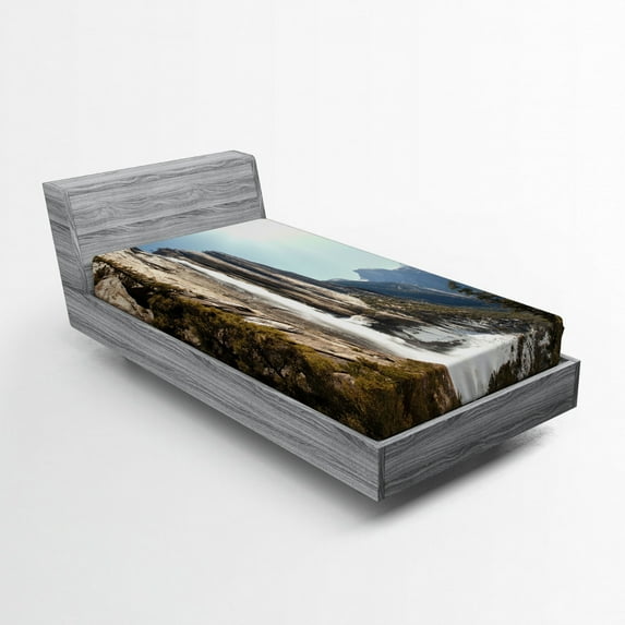 Ambesonne Nature Fitted Sheet, Yosemite Falls Mountain, Twin XL Size, Green