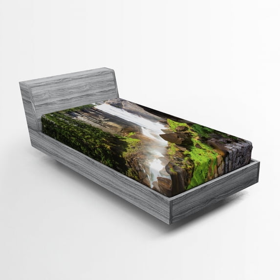 Yosemite Fitted Sheet, Vernal Fall Yosemite National Park Alpine Forest Rocks Wild Natural Scenic Photo, Soft Decorative Fabric Bedding, Twin Size, White Green, by Ambesonne