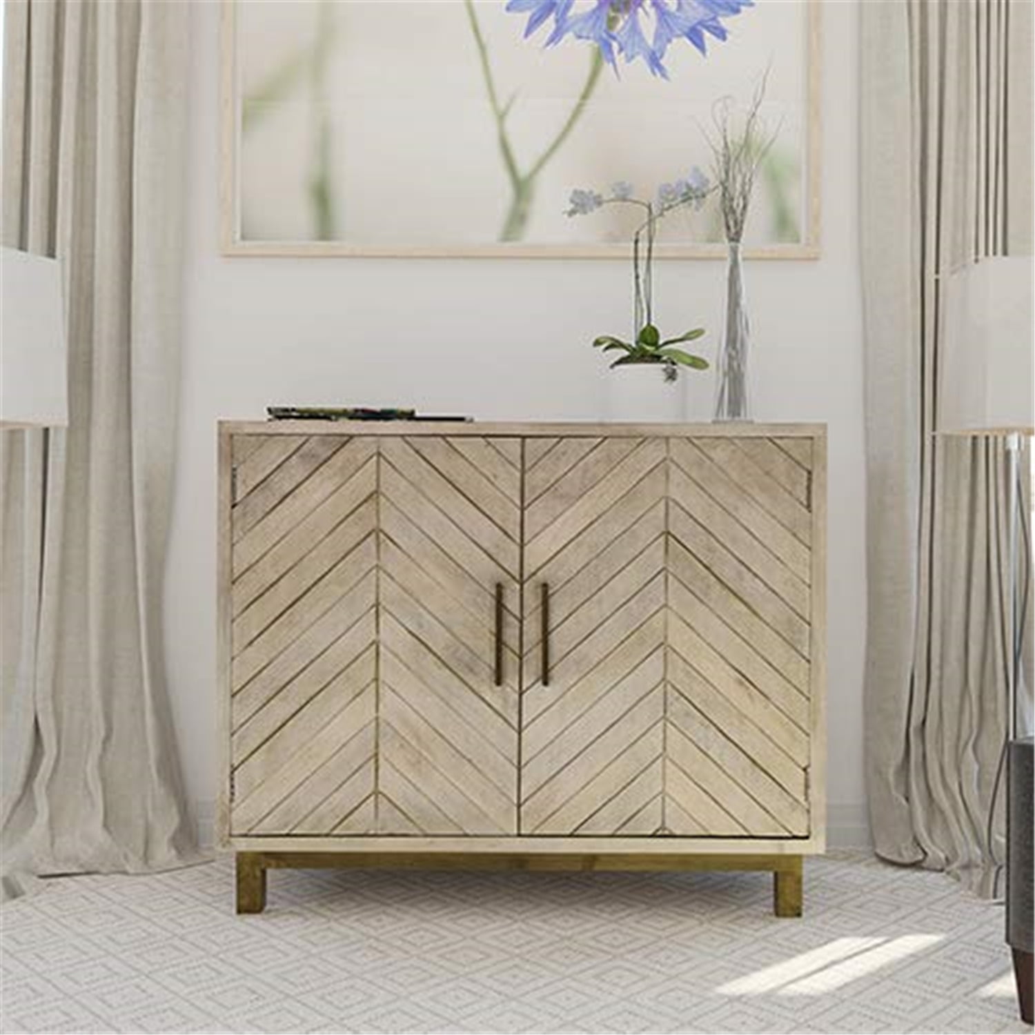 Gray Chevron Pattern Solid Wood Accent Cabinet with Brass Hardware