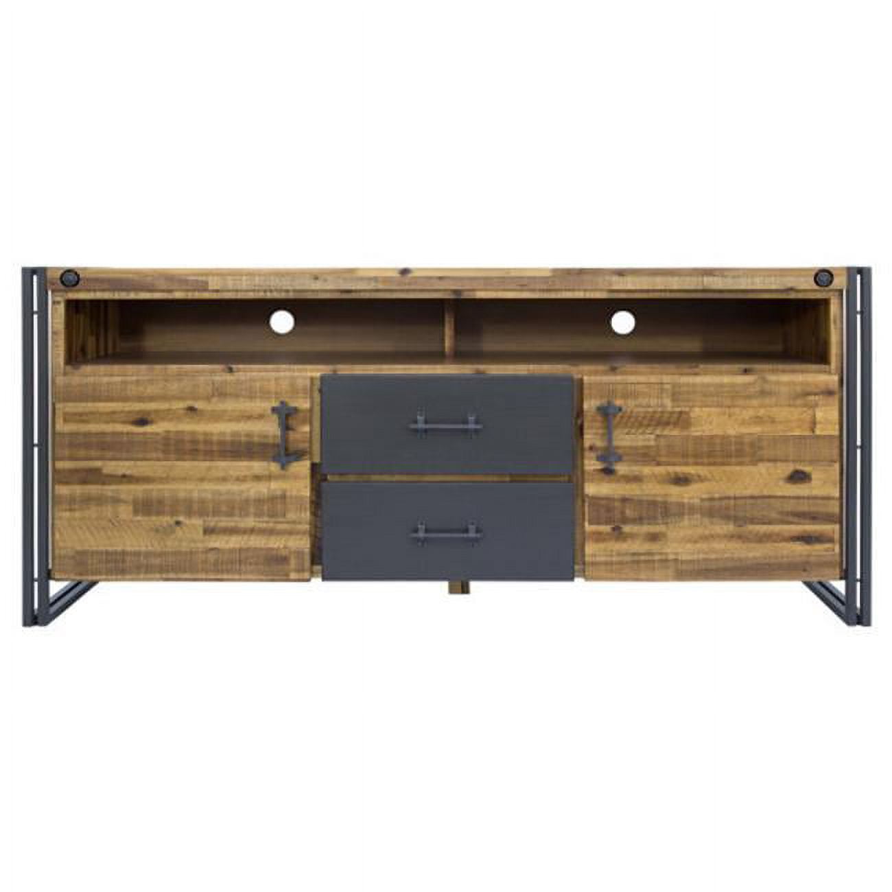 Natural Acacia Wood and Gray Metal TV Stand with Cabinets