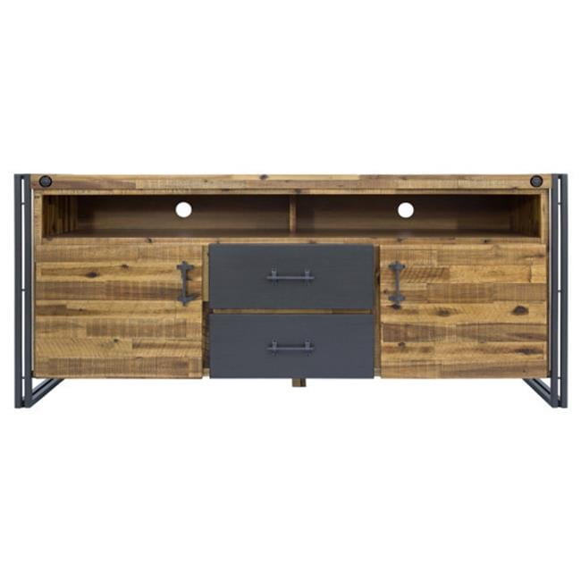 Natural Acacia Wood and Gray Metal TV Stand with Cabinets