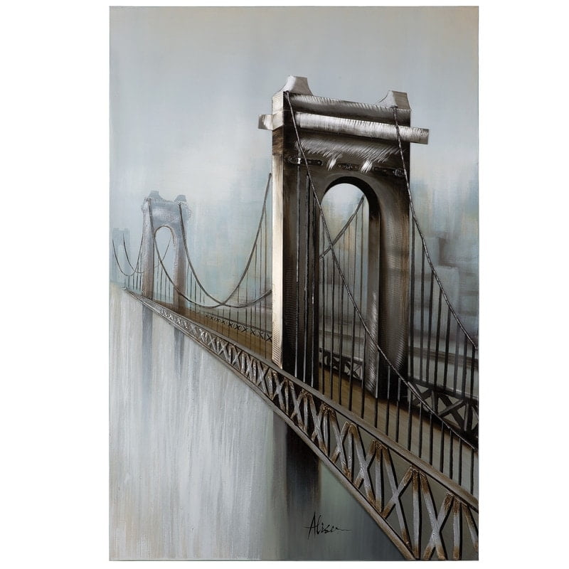 Gray and Silver Hand-Painted Canvas Bridge Landscape Art
