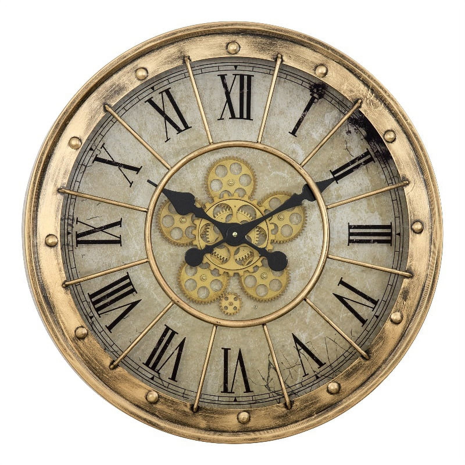 Gilded Gold Round Metal Gear Wall Clock with Roman Numerals