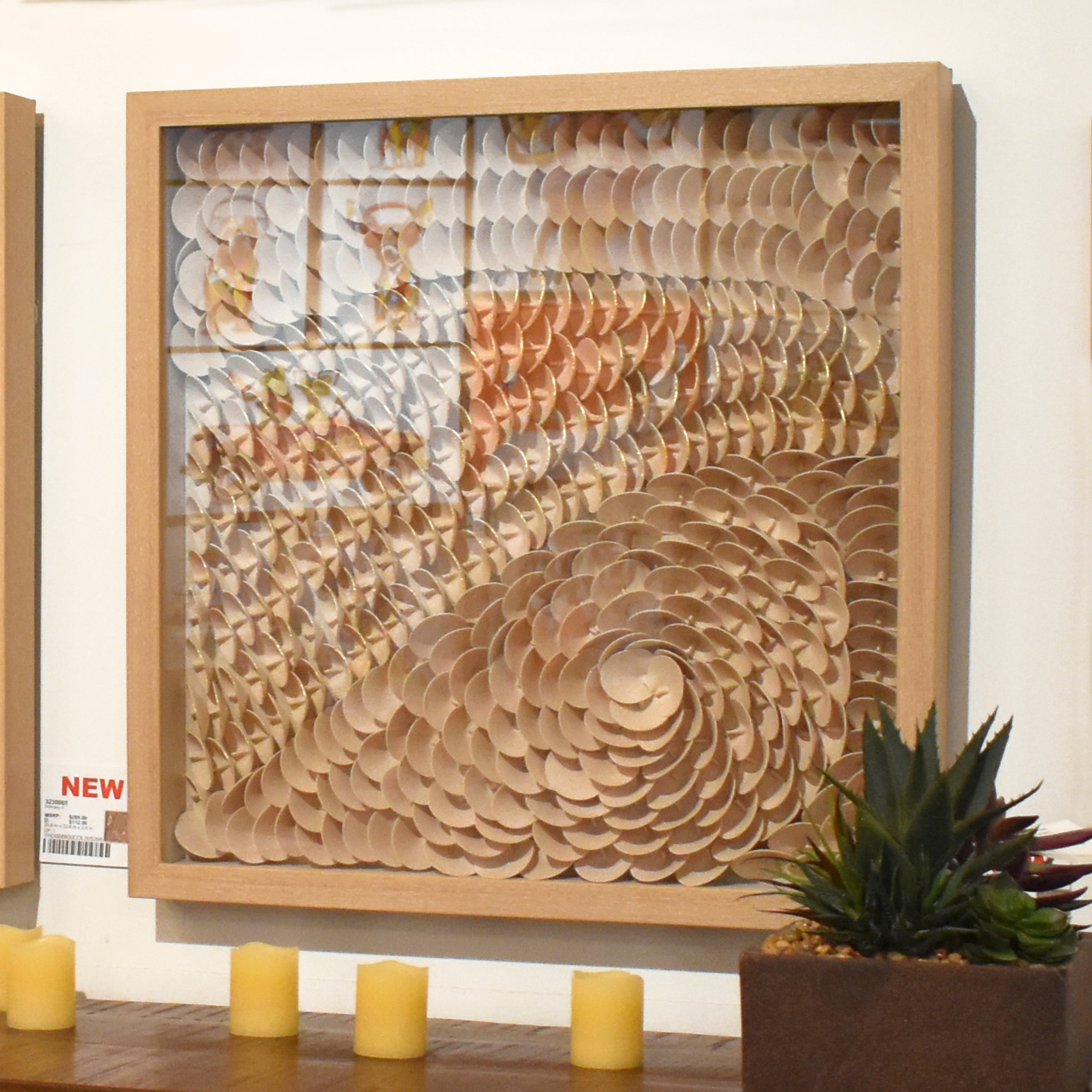 Beige and Gold Leather Petal 3D Wall Art in Light Wood Frame