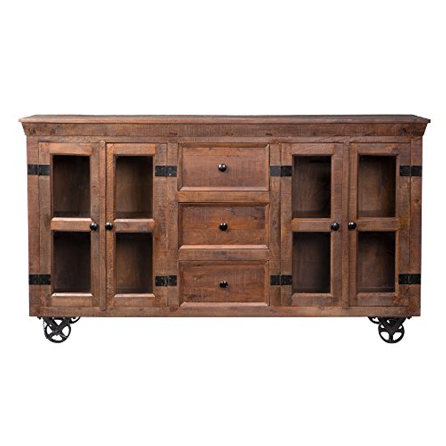 Rustic Charm 72'' Solid Mango Wood Sideboard with Cast Iron Wheels